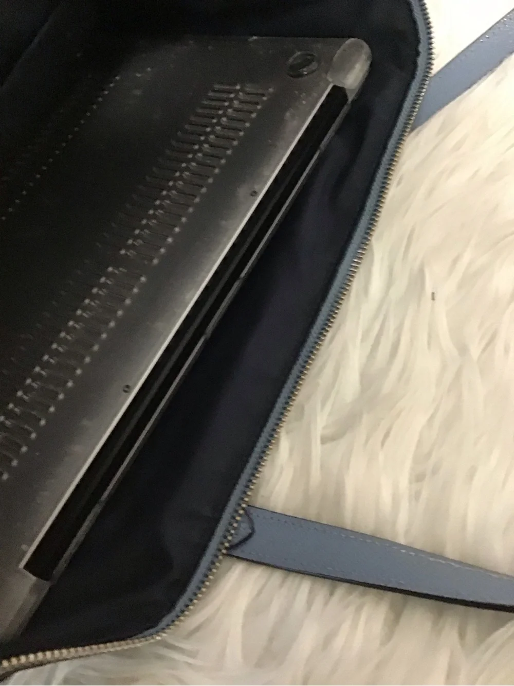 Coach Slate Blue Leather Zip-Top Tote can fit laptop 13”